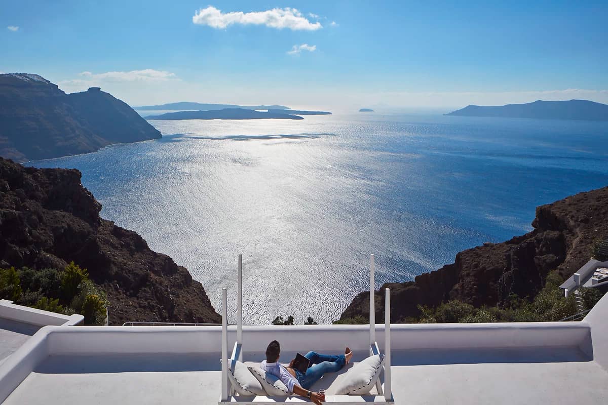 Vue de la mer depuis l'hôtel, San Antonio Santorini Luxury Hotel, Santorin, Grèce