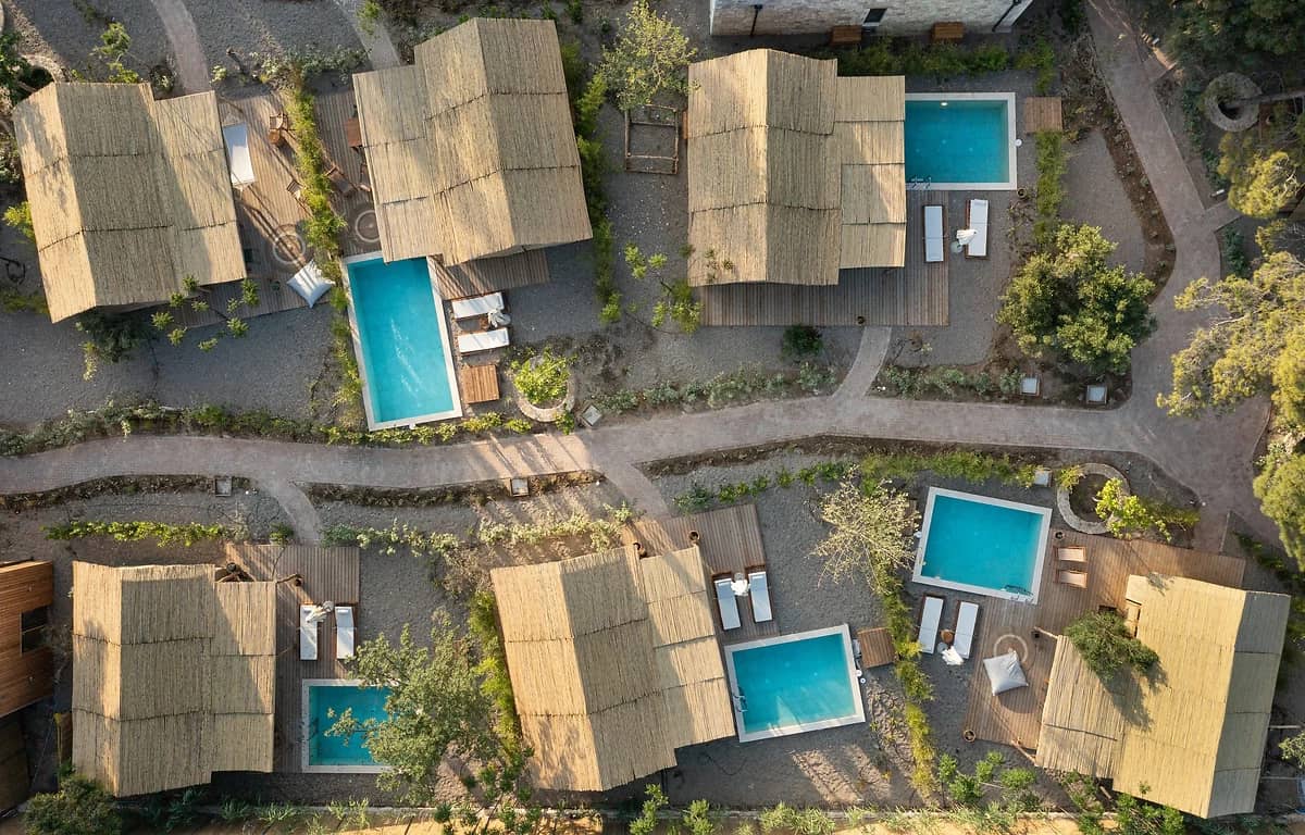 Vue aérienne des lodges, Ergon Beach House Nikiti