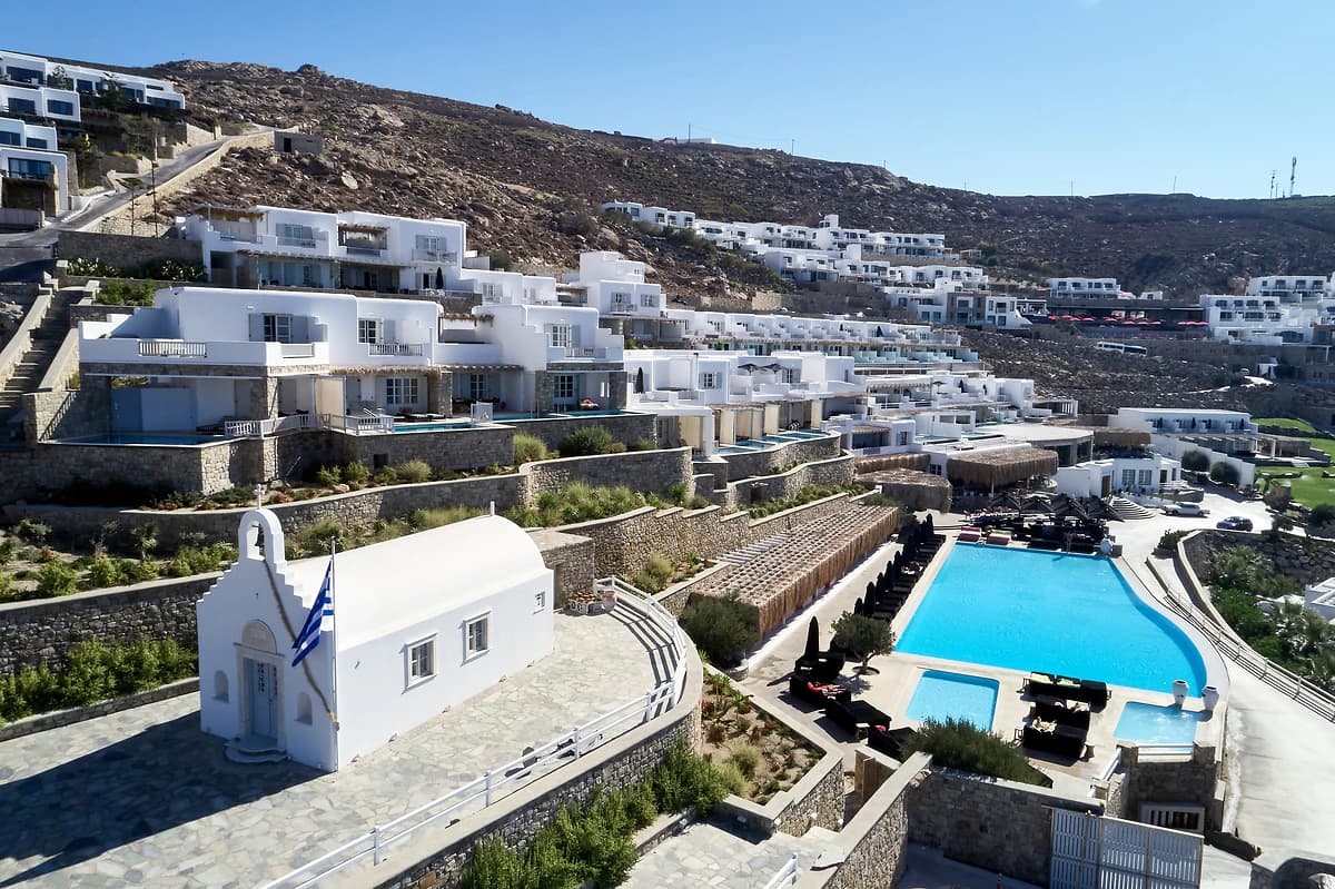 Vue aérienne du domaine, Myconian Villa collection, Mykonos, Grèce