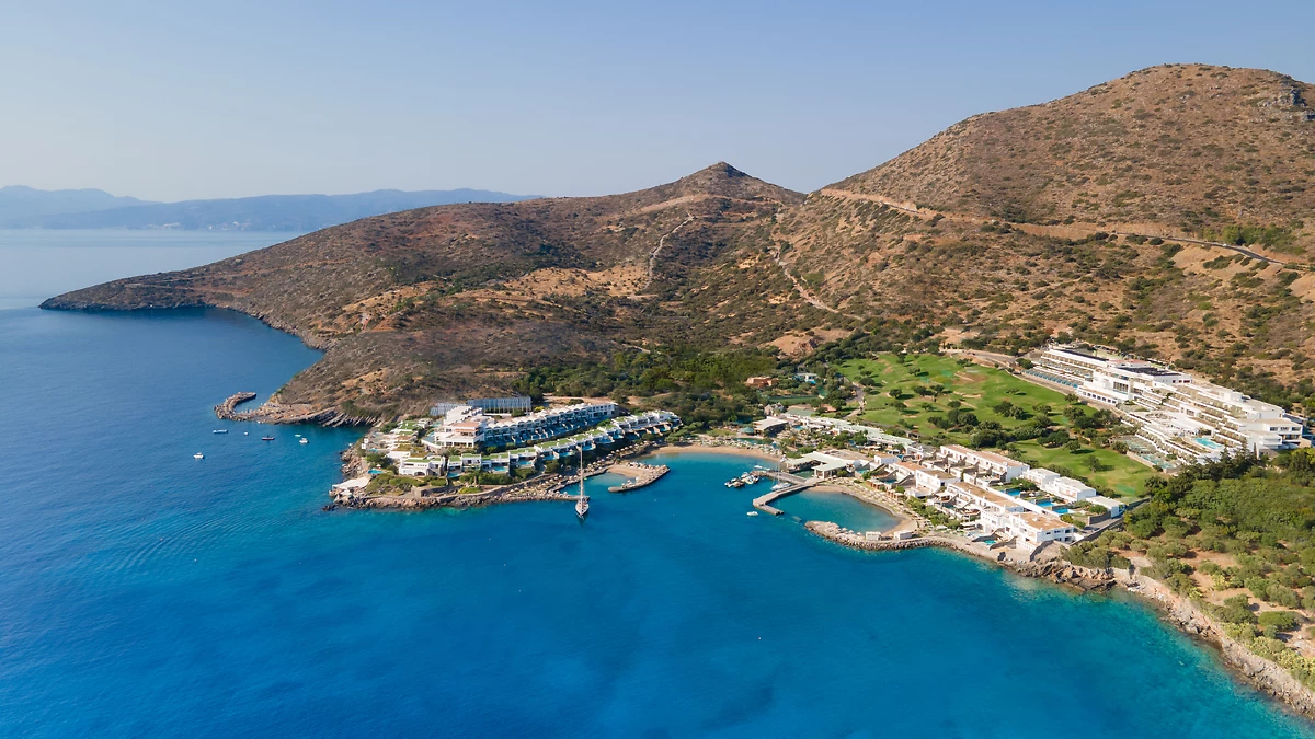 Vue aérienne de l'hôtel, Porto Elounda Golf & Spa Resort, Crète, Grèce