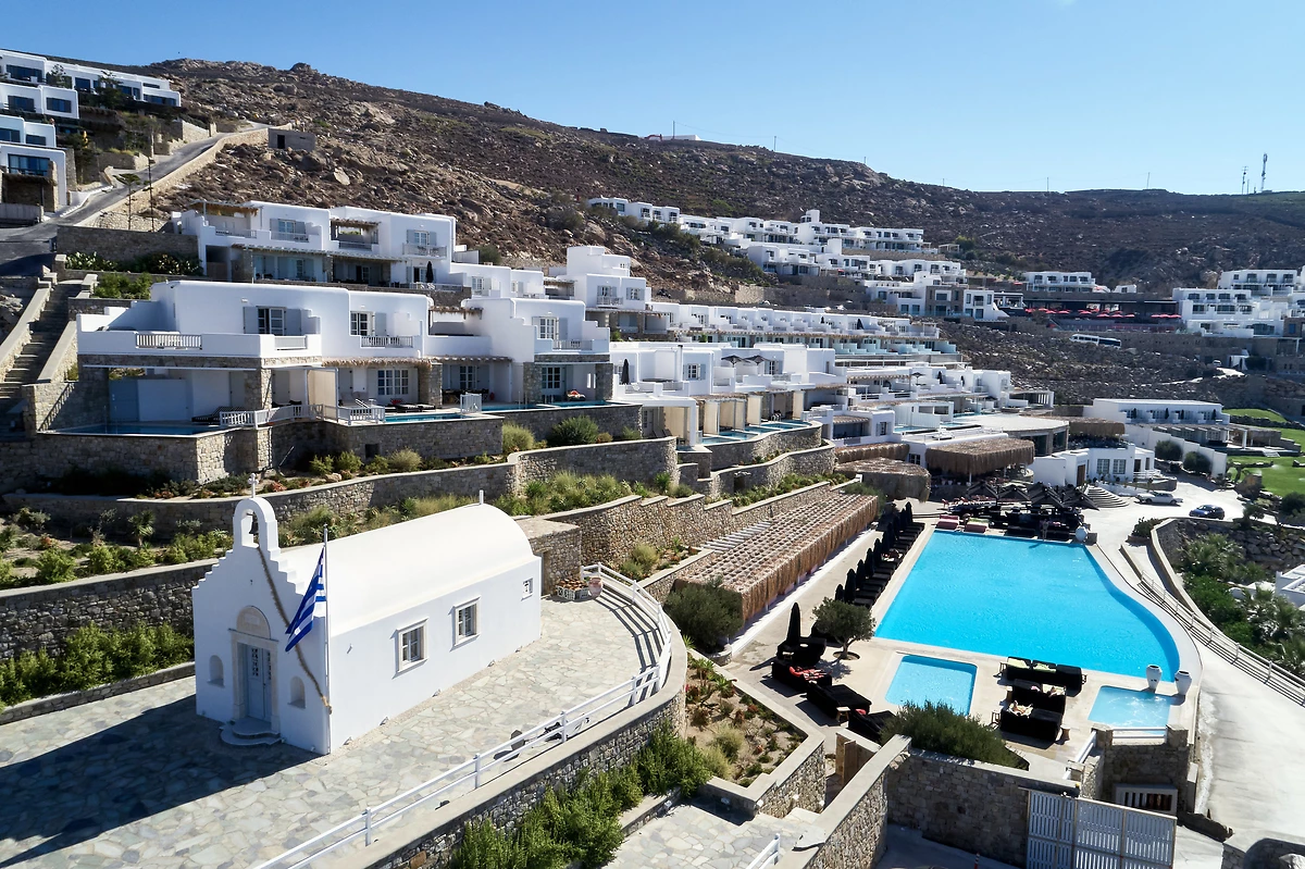 Vue aérienne du domaine, Myconian Villa collection, Mykonos, Grèce