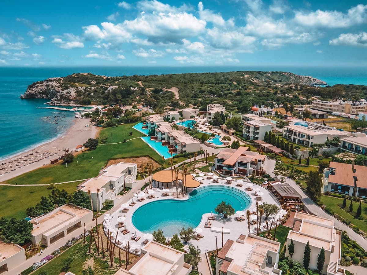 Vue aérienne de l'hôtel, Sentido Port Royal Villas & Spa, Rhodes, île du Dodécanèse, Grèce