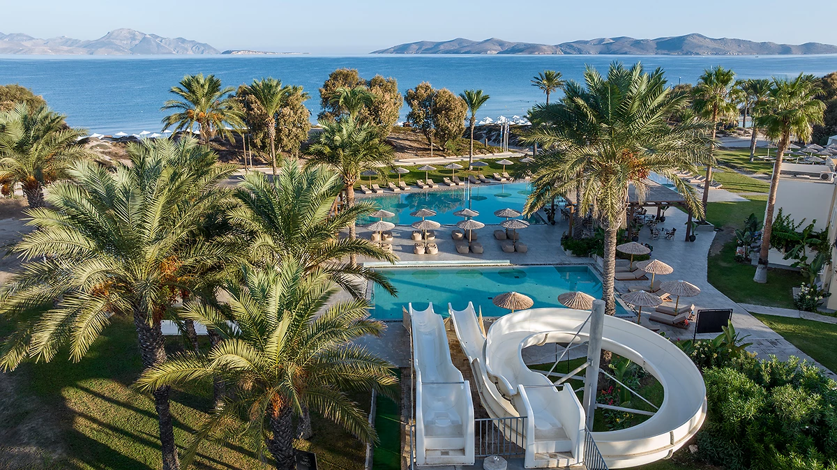 Piscine et toboggans, Grecotel Casa Paradiso, Kos, Grèce