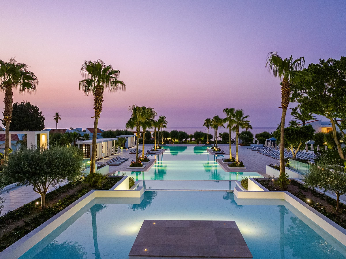 Vue de la piscine de l'hôtel, Grecotel LUXME Dama Dama, île du Dodécanèse, Grêce