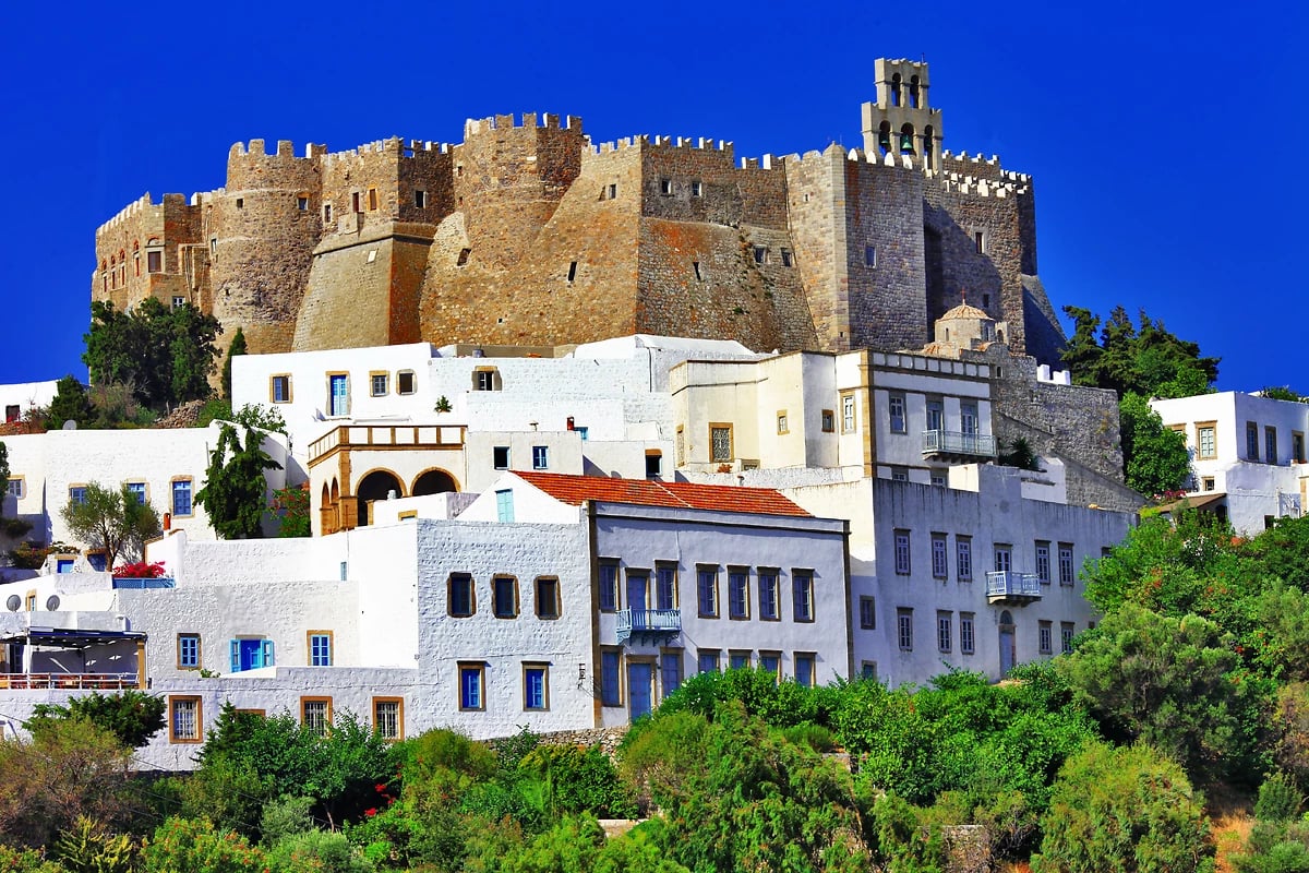 Vue du monastère Saint-Jean sur l'île de Patmos, Dodécanèse, Grèce