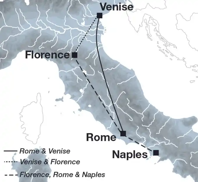 Chroniques italiennes Rome-Venise-Florence-Naples (carte), Italie, Circuit